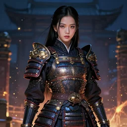 portrait jisoo blackpink, wearings samurai colorpunk armor, in temple firefly stormy sparkles night, ssci - fi and fantasy, intricate and very very beautiful and elegant, highly detailed, digital painting, artstation, concept art, smooth and sharp focus, illustration, art by tian zi and wlop and alphonse mucha