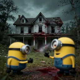 a still gru shooting minions, horror movie, scary, horror, blood, lonely abandoned house, motion blur