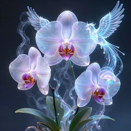 3 d giant orchid flower, giant gladiola and jellyfish face chakra phoenix bird, translucent, bio luminescent, plasma, smoke and water energy flow. highly detailed. octane render, excellent composition