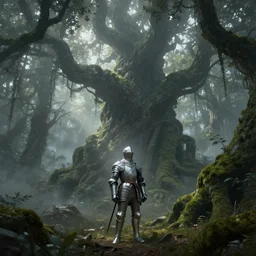 beautiful majestic artstation cinematic matte painting of a knight in armour in a foggy forest with giant twisted mossy trees
