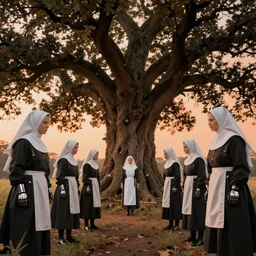 hyperrealistic hyper detailed wide shot of low brow cyborg soldier nuns protecting a giant oak tree matte painting concept art key sage jeff koons very soft orange lighting low angle hd 8k sharp shallow depth of field