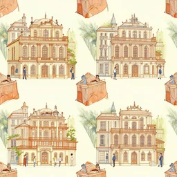 fashion house hermes repeating pattern featuring cities and people vector illustration in style of anime realistic