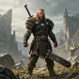 A high fantasy Barbarian with a Chainsaw