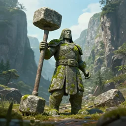 stone warrior, moss, large stone hammer, standing in a valley between two mountains, digital art, trending on artstation, high quality