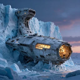 glacial wall ice encrusted spaceship wreck, incandescent window illumination, twilight, by lee loughridge, zack snyder and stephan martiniere, 4 k, deep color, tall, intricate matte painting, futuristic