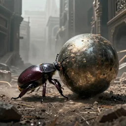 a giant dung beetle pushing an equally giant metallic orb through the wastes of an ancient city, photorealistic, ultra detailed, eerie lighting, foggy, deep shadows