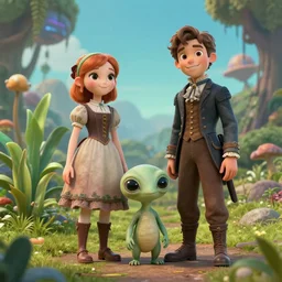 a girl and a boy standing next to some alien plants, a small cute alien creature is standing next to them, in a park on a alien planet, looking happy, wearing victorian clothes, ultra realistic facial details, enhanced faces, ultra photorealistic raytracing, 8k
