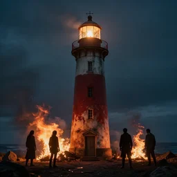 a lighthouse in hell. 4 k dannated people. fire. light. cinematic. rule of thirds. realistic.
