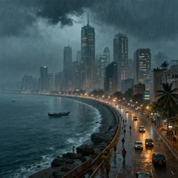 Marine Drive in the futuristic city of Mumbai in year 2150 on a monsoon midnight, by Canaletto, trending on ArtStation, masterpiece