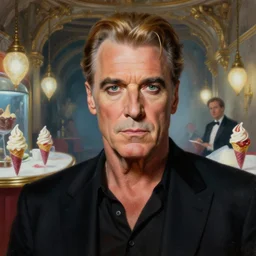 beautiful lifelike painting of vincent price starring as reed richards aka mr fantastic in baroque underground icecream parlour, hyperreal detailed facial features and uv lighting, art by ed roth and basil wolverton