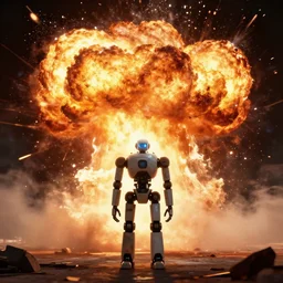a robot standing in front of a huge explosion, digital art