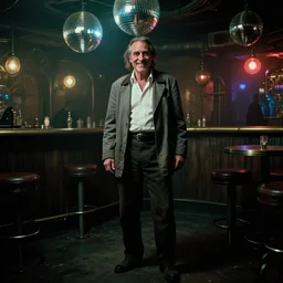 the full - body shot of drunk smiling old wrinkled unkempt detective ( ( joaquin phoenix ) ) with sideburns worn in grey jacket and white shirt in dark steampunk fallout disco bar, cinematography of christopher doyle, frostpunk, neon gloomy light, discoball reflections, anamorphic, optical flares, kodak film, 8 k