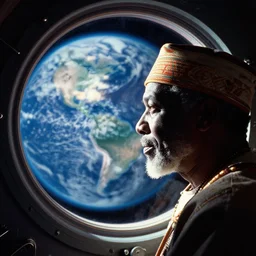 analogue photo of an African tribal chief looking - at planet earth - out the porthole window of a space shuttle's orbiter, close-up, colour, photo shot by martha cooper, 35mm,