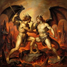 demon fighting dragon in hell, lava spires. painted by michelangelo