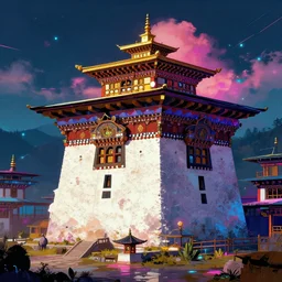 digital art of an atompunk, 5 0 s inspired thimpu, bhutan, by greg rutkowski. trending on artstation, favorites on deviantart. high quality artwork, cyberpunk style.
