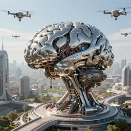 cult of technology, metal brain!!, exterior, scifi, machines, artificial intelligence, ribbon chapel, ultra realistic, highly detailed, futuristic landscape, beautiful city, sunny day, futurism, drone point of view, atmosphere, masterpiece, epic lighting, bright, cinematic, art by jan urschel and neil blevins