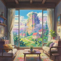 a heavenly dream view from the interior of my cozy home interior dream world filled with color from a Makoto Shinkai oil on canvas inspired pixiv dreamy scenery art majestic fantasy scenery fantasy pixiv scenery art inspired by magical fantasy exterior illumination of awe and wonder