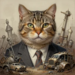 cat donald rumsfeld, junkyard, elegant intricate digital painting artstation concept art by mark brooks and brad kunkle detailed