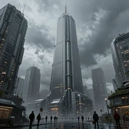 a matte painting of a massive skyscraper in this cyber - frostpunk city, many city dwellers, in the rain, highly detailed, in the style of john chamberlain, dark moody lighting, hyper photorealism, trending on artstation, 8 k
