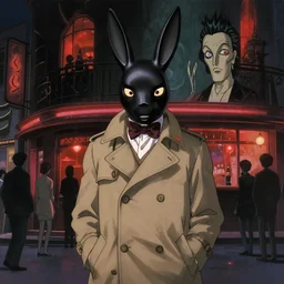 a man in a trench coat wearing a black rabbit mask in front of a night club, film still from the an anime directed by Katsuhiro Otomo with art direction by Salvador Dalí, wide lens