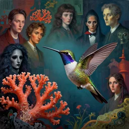 mixed media, a brutalist designed, vivid colours, cryptic, mysterious, dramatic, coral, hummingbird, mysterious, pop surrealism ， by james jean, roby dwi antono, ross tran, steven kenny, paul neberra, rene francois ghislain magritte, atmospheric, trends at artstation. unreal engine, 8 k masterpiece