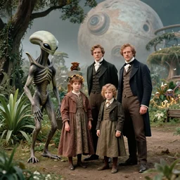 sharp, highly detailed, 435456k film, 1612800mm film still from a sci fi blockbuster color movie made in 2019, set in 1860, of family standing with an humanoid alien creature, next to some alien plants, in a park on an alien planet, wearing 1860s era clothes, good lighting, good photography, ultra high definition, in focus, 35mm macro lens