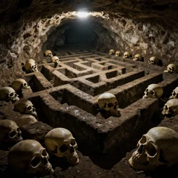 a maze lined with skulls underground, photgraphy