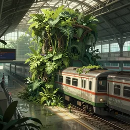an intricate concept art illustration of undergrowth manila train station, anime style, fuzichoco color palette, no people, global illumination, digital art, photorealistic movie still, style by ivan talavera and artgerm, hyper realistic, photorealistic, octane render, trending on artstation, cgsociety, cinematic light, 8 k