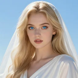 goddess, mother god, beautiful, majestic, beautiful blue big eyes, long blond hair, dressed with white silk and head veil, goodness, love light life, grace, goodness, sweet, intelligent, sparkles of light on his head, blue sky