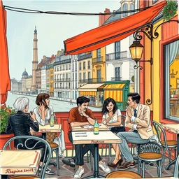 eating or drinking on the terrace of a french restaurant, bar, or cafe, happiness, busy, by james jean, by rossdraws, frank franzzeta, mcbess
