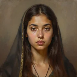 A portrait of a young beautiful olive skin woman cult leader, frontal, digital art, highly detailed oil painting by Alex Kanevsky