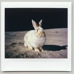 wide shot, Polaroid photo of a bunny on the moon, high contrast, 8k, realistic, rich colors