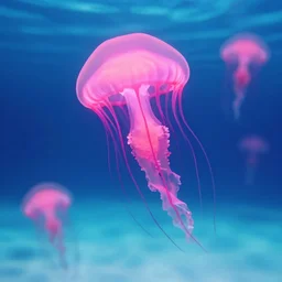 beautiful underwater scene of vibrant pink neon glowing jellyfish swimming in the ocean with light blue at the top, lighter blue in the middle and light blue at the bottom, highly detailed, moody, dynamic, rich colors, artstation, sharp focus