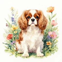 fluffy cavalier king charles spaniel, surrounded by flowers, watercolor and pen