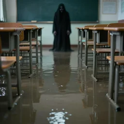 photo of a classroom, the floor is flooded with one meter deep water. in the background there is a scary dark mysterious figure. eerie