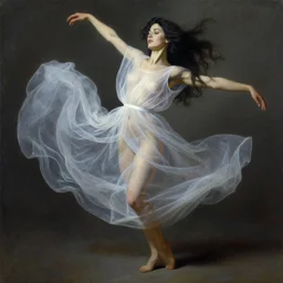 painting of a beautiful woman with her translucent dress blowing in the wind, modern dancing, highly detailed, by moebius, surreal, dramatic lighting, moebius
