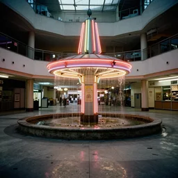 an abandoned mall in 1985, neon lights, fountain, dirty, ektachrome photograph, volumetric lighting, f8 aperture, cinematic Eastman 5384 film