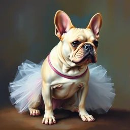 french bulldog wearing a tutu skirt oil painting