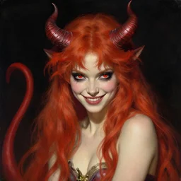 a girl with red hair, red eyes, demon horns and a tail with a devious grin. By JC Leyendecker Peter Mohrbacher