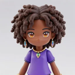 ! dream a nendoroid of hazel levesque, a [ [ [ dark skinned ] ] ] black girl with [ curly ] brown hair and amber eyes wearing a purple t shirt, african american, jewelry and magic themed, brown skin, designed by loish, american, african american girl, dark brown skin