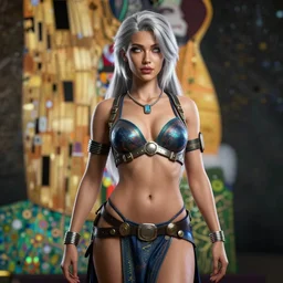woman ; silver hair ; white eyes ; himalayan belly dancer, sci - fi, cyberpunk clothing ; unreal engine 5 rendered, octane rendered, art style by klimt and nixeu and ian sprigger and wlop and krenz cushart and artgerm ; digital art ; high detail ; trending on artstation ; realistic