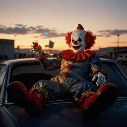 robot clown relaxing at a california drive in, in 1 9 9 2, cutecore clowncore, bathed in the the glow of the sunset, low - light photograph, in style of tyler mitchell