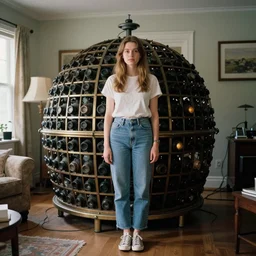 photograph of young woman standing in front of orgone accumulator in suburban living room, crisp focus, highly detailed, in roger deakins style, 3 5 mm ektachrome