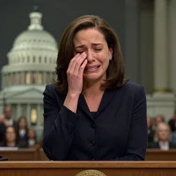 Movie still of Sheryl Sandberg crying in front of Congress, from Facebook The Movie (2007), directed by Steven Spielberg