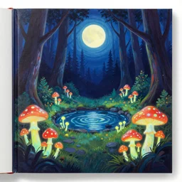 book illustration of a well in a forest moonlight surrounded by fluorescent mushrooms, painting, bright colors, high contrast