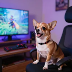 Chihuahua raging while playing video games in his room