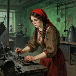 soviet art style. woman working in a factory. folk horror