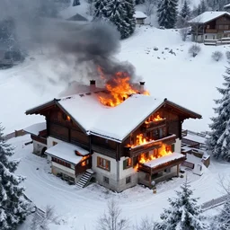hidden mansion in the alps with snow covered roof set on fire, zoomed out, shot from drone, iphone capture