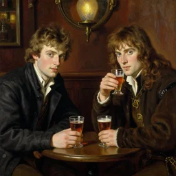attractive bradley james as arthur pendragon and attractive colin morgan as merlin go to a pub together to have some drinks, perfect symetrical eyes. highly detailed painting by gaston bussiere, greg rutkowski, j. c. leyendecker 8 k