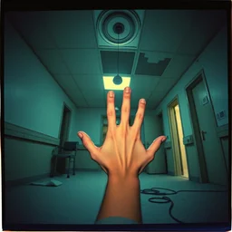 a hand reaches from the floor in a dilapidated hospital, glowing from the ceiling, creepy, polaroid, color